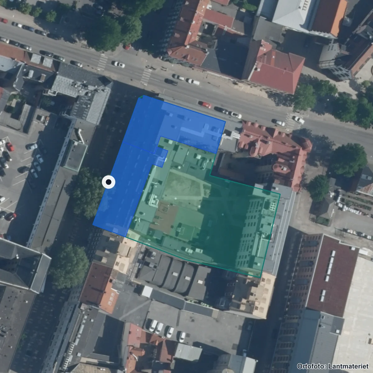 Flygbild över Innovitaskolan Landskrona, ortofoto från Lantmäteriet