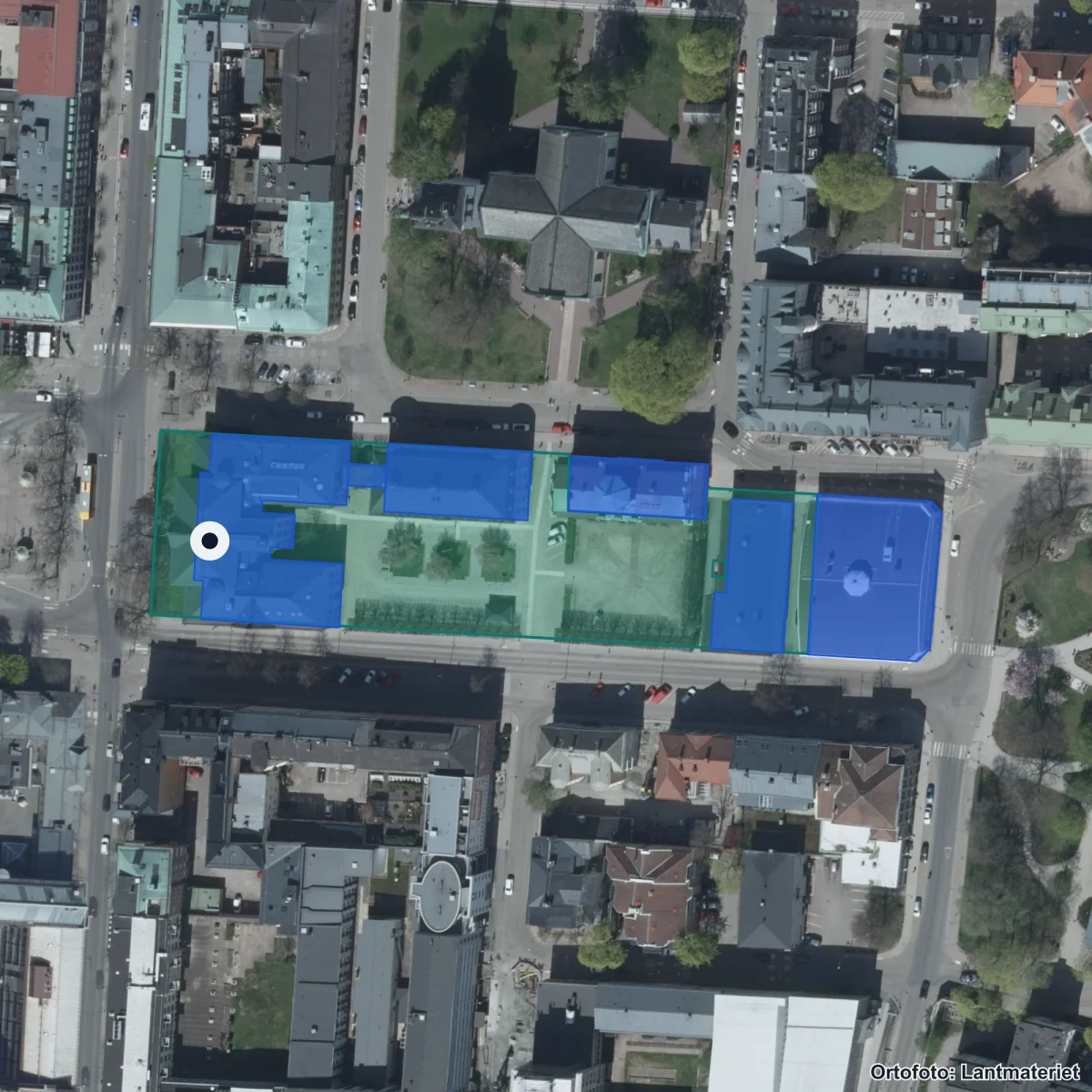Flygbild över Tingvallagymnasiet, ortofoto från Lantmäteriet