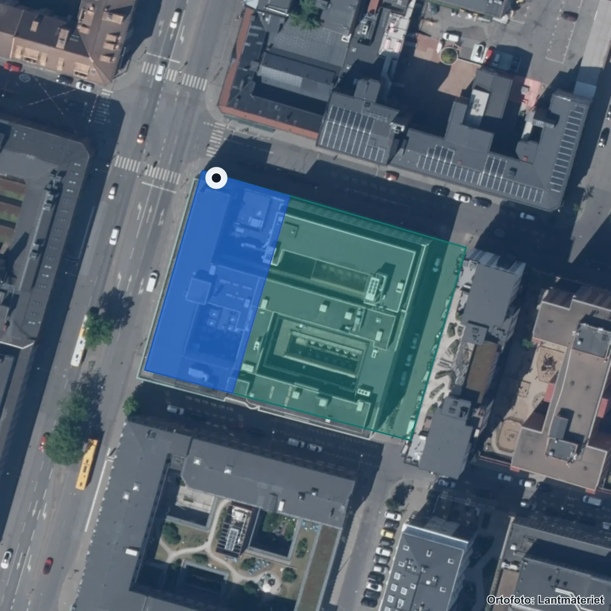 Flygbild över LBS Kreativa Gymnasiet Malmö, ortofoto från Lantmäteriet