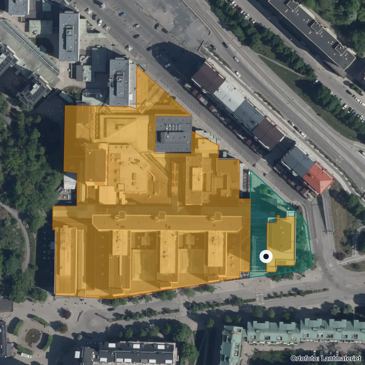 Flygbild över Solna vuxenutbildning SFI, ortofoto från Lantmäteriet