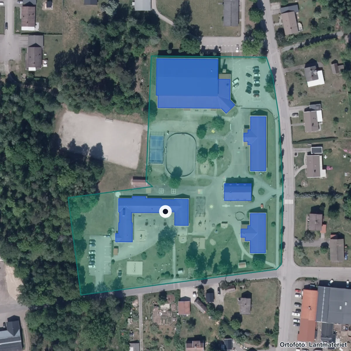 Flygbild över Nyckelpigans Förskola, ortofoto från Lantmäteriet