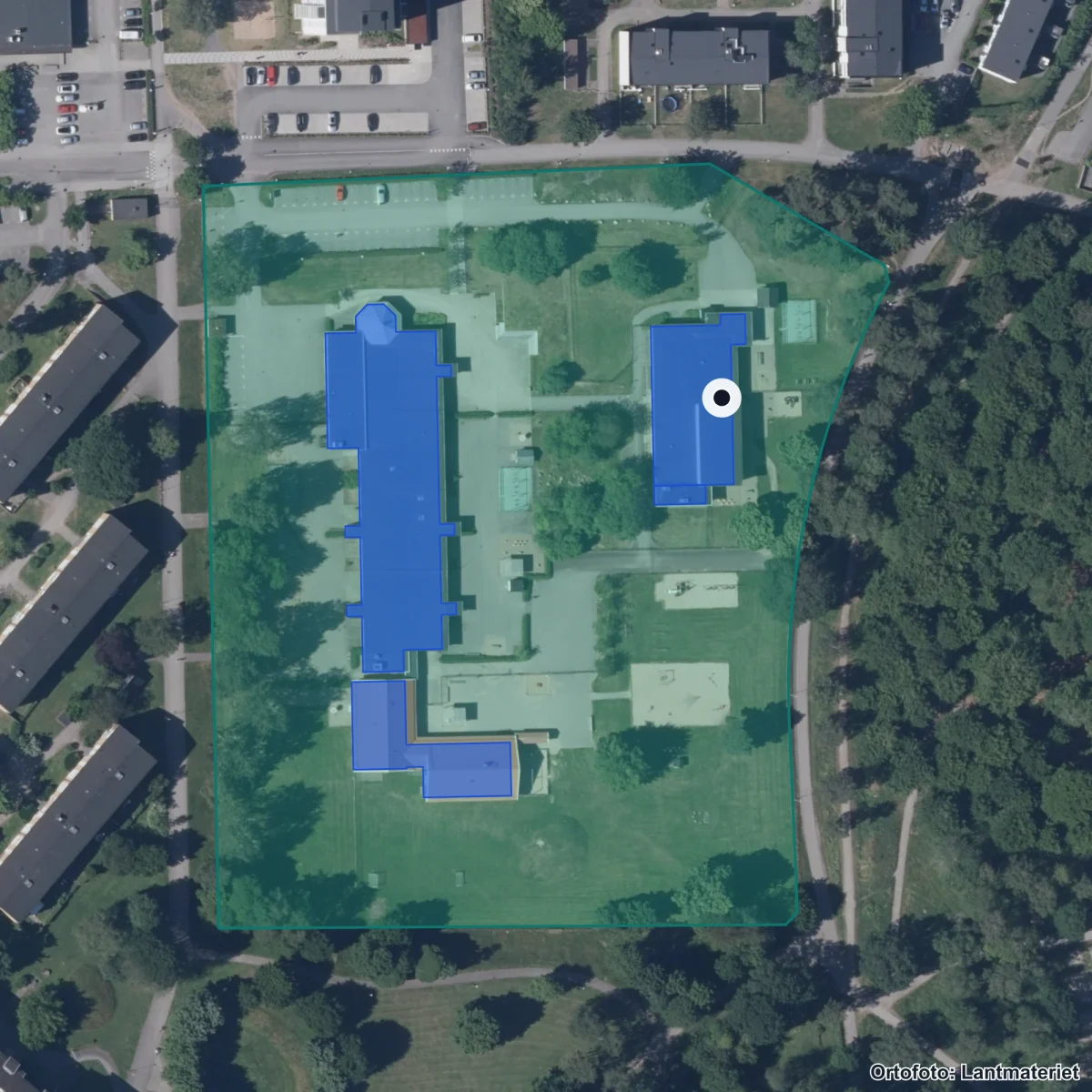 Flygbild över Förskolan Paletten, ortofoto från Lantmäteriet