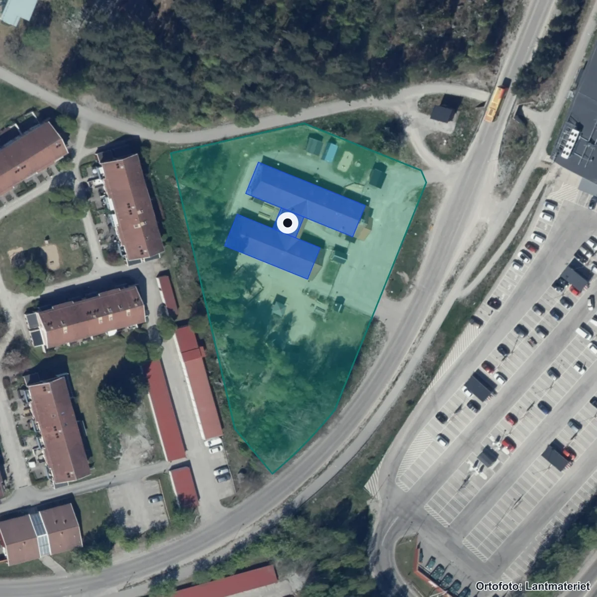 Flygbild över Kristinebergs Förskola, ortofoto från Lantmäteriet