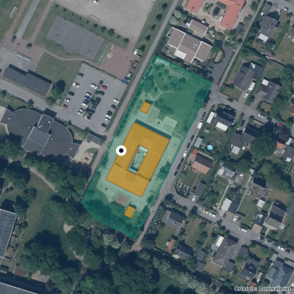 Flygbild över Maryhills Förskola, ortofoto från Lantmäteriet