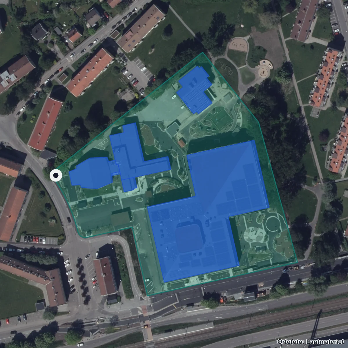 Flygbild över Blackevägen 3 Förskola, ortofoto från Lantmäteriet