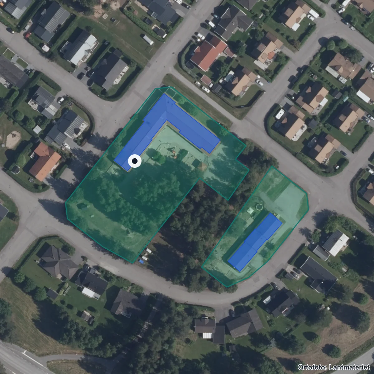 Flygbild över Storskiftets Förskola, ortofoto från Lantmäteriet