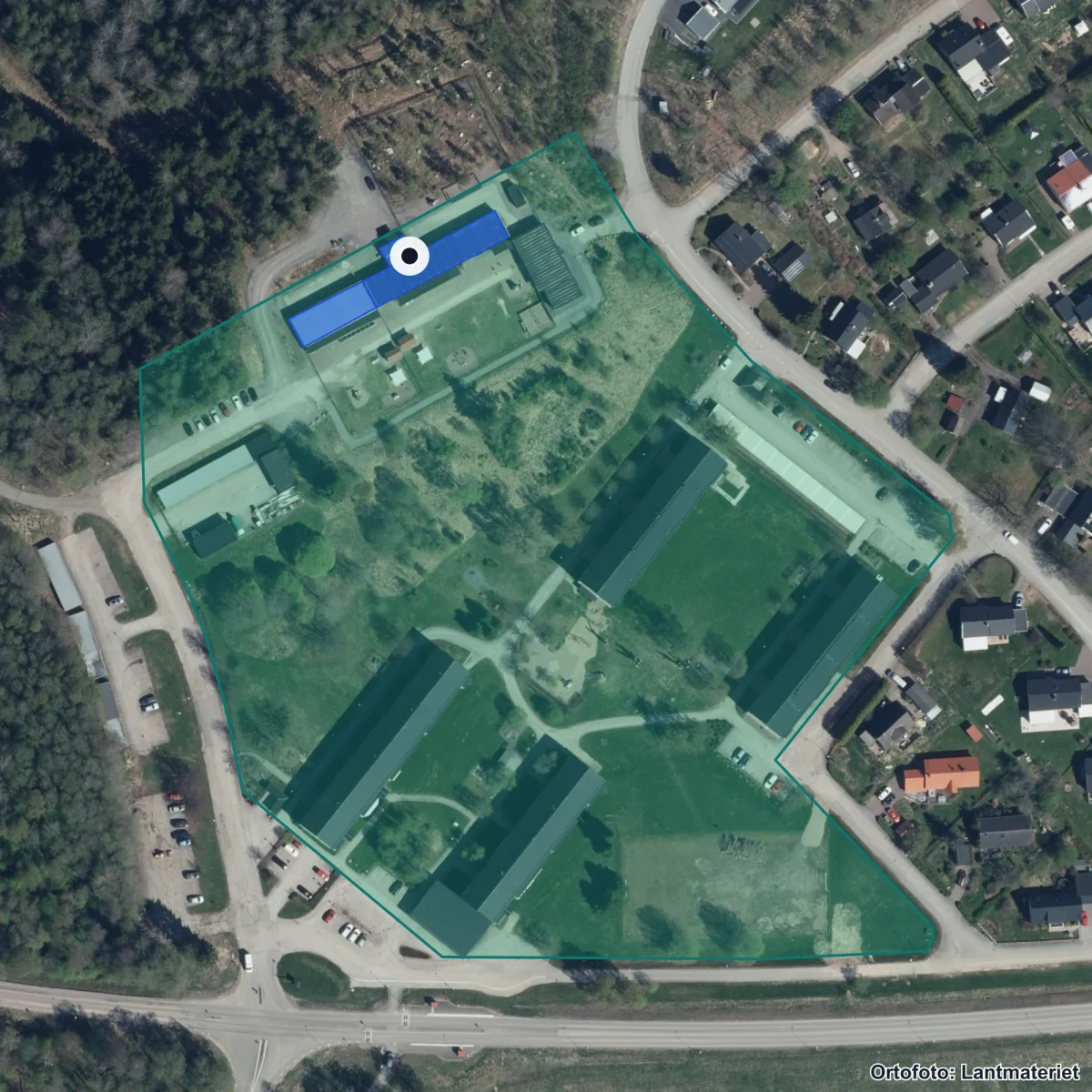 Flygbild över Konvaljens Förskola, ortofoto från Lantmäteriet