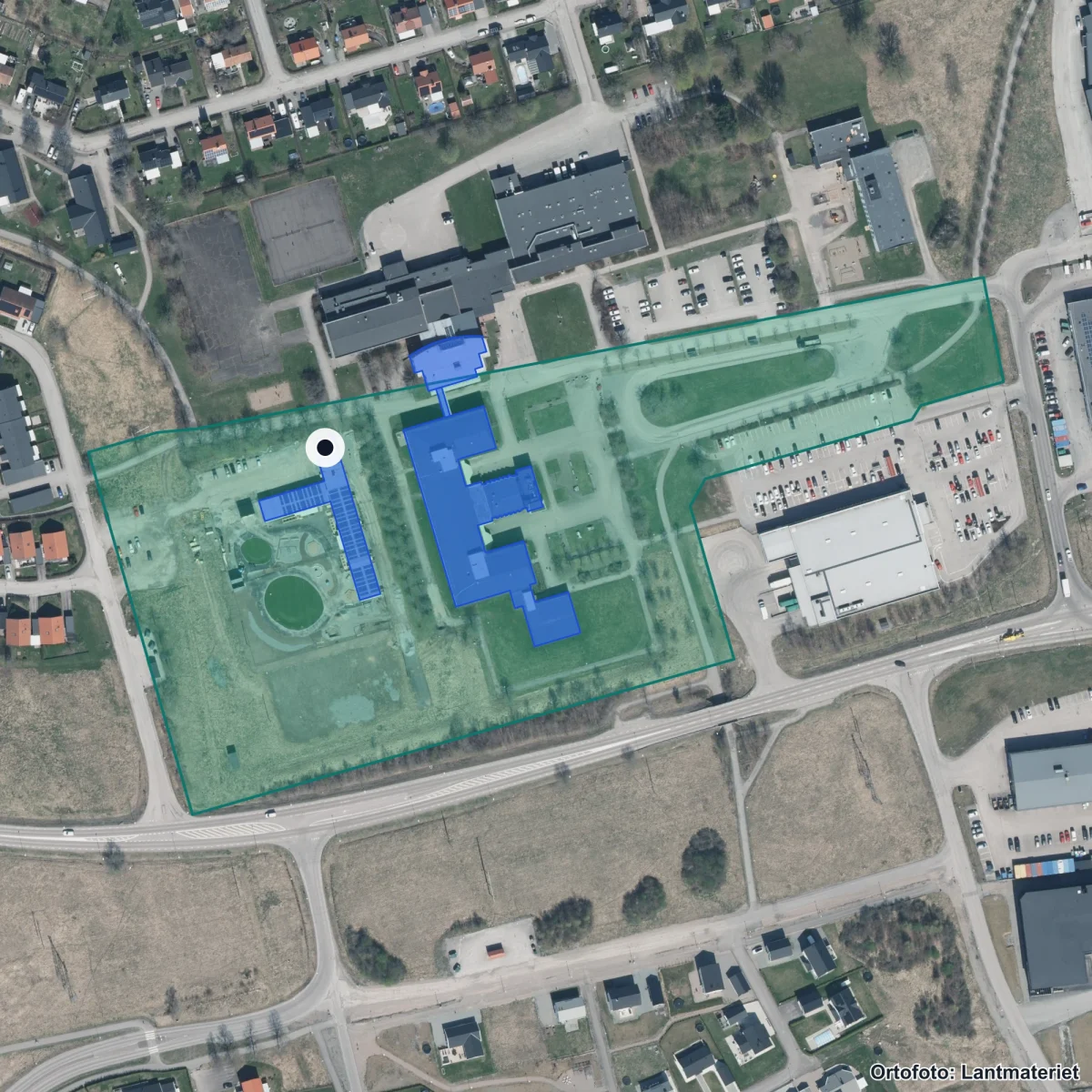 Flygbild över Emmylunds Förskola, ortofoto från Lantmäteriet