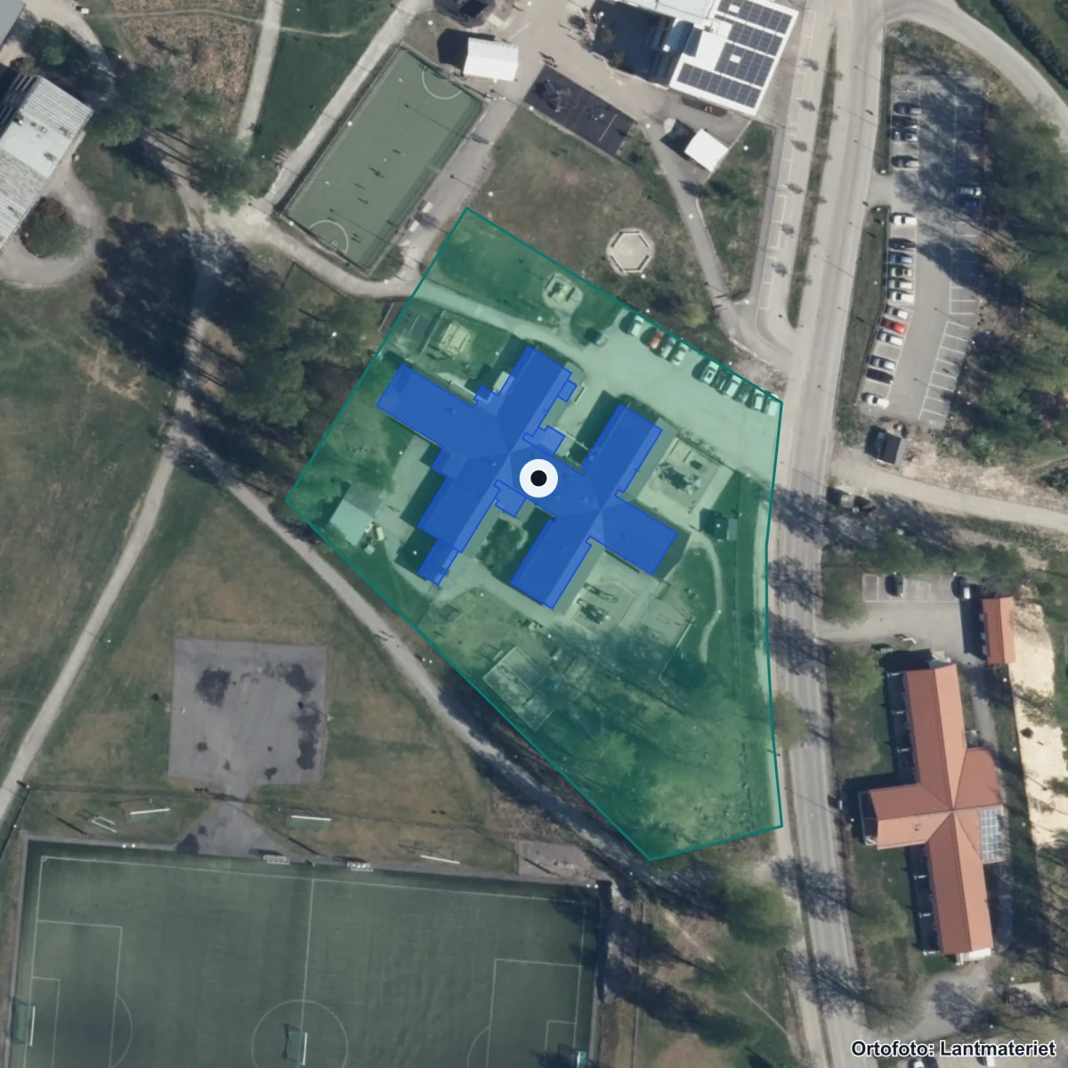 Flygbild över Hillängens Förskola, ortofoto från Lantmäteriet