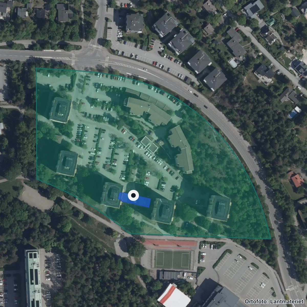 Flygbild över Näsbyhöjdens Förskola, ortofoto från Lantmäteriet