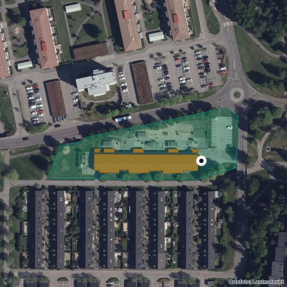 Flygbild över Soldatängens Förskola, ortofoto från Lantmäteriet