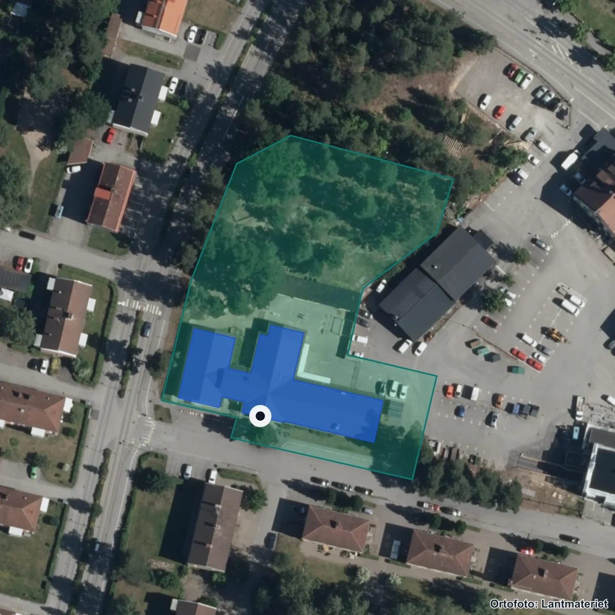 Flygbild över Förskolan Bie, ortofoto från Lantmäteriet