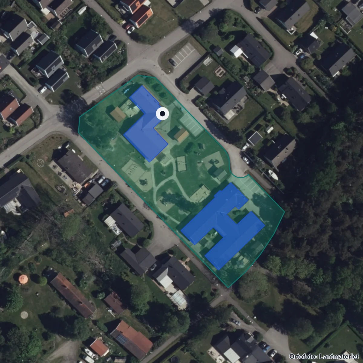 Flygbild över Rydets Förskola, ortofoto från Lantmäteriet