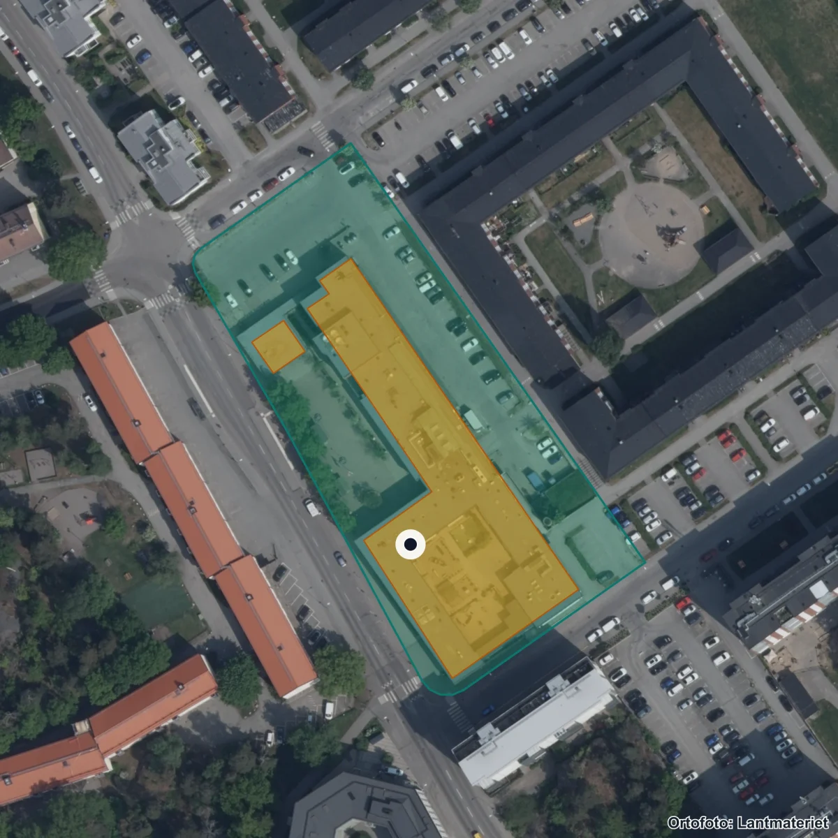 Flygbild över Förskolan Växthuset, ortofoto från Lantmäteriet