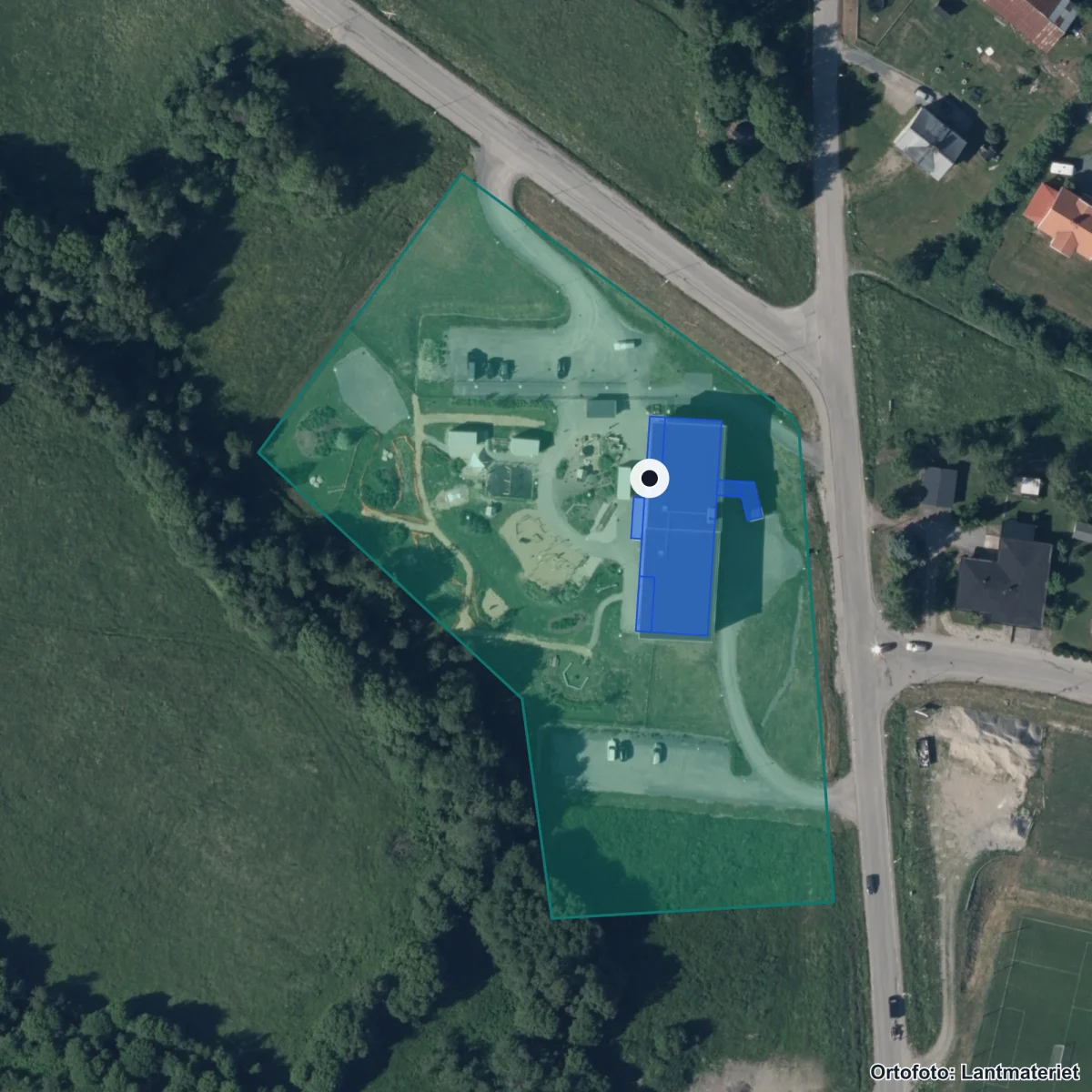 Flygbild över Sjölyckans Förskola, ortofoto från Lantmäteriet
