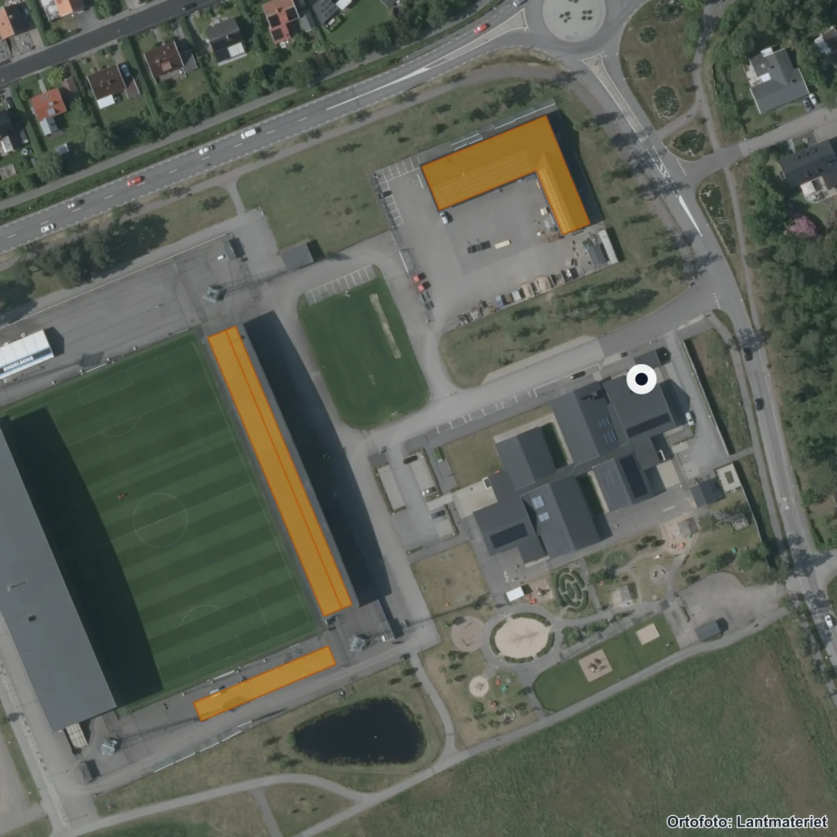 Flygbild över Eldstadens Förskola, ortofoto från Lantmäteriet
