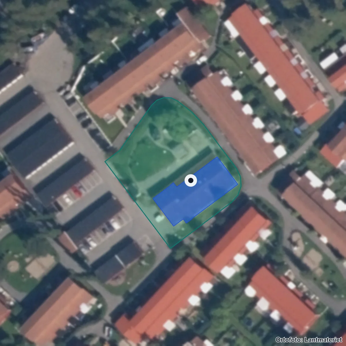 Flygbild över Smörkransens Förskola, ortofoto från Lantmäteriet