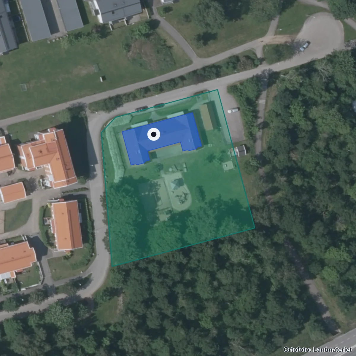 Flygbild över Solhagens Förskola, ortofoto från Lantmäteriet