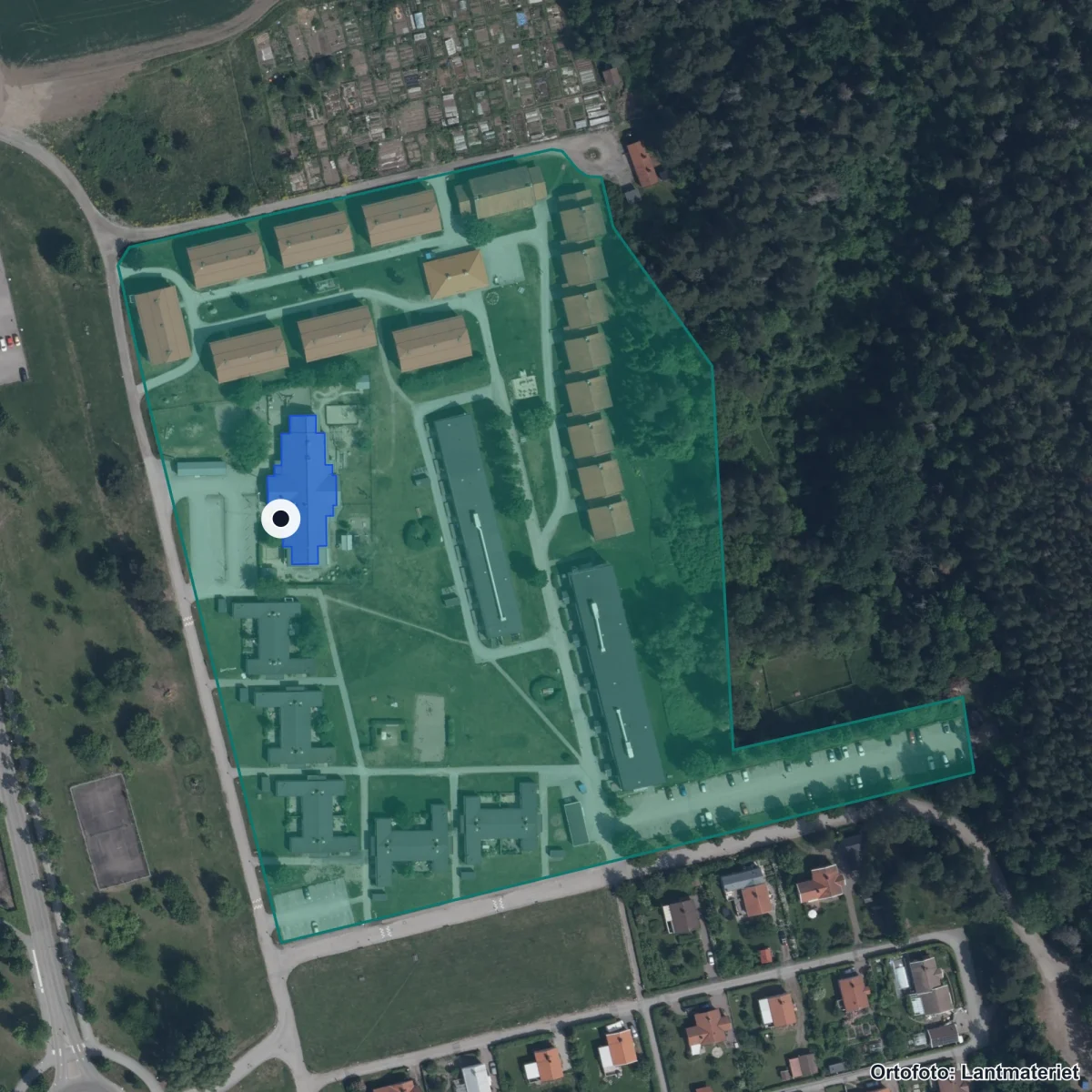 Flygbild över Vintergatans Förskola, ortofoto från Lantmäteriet
