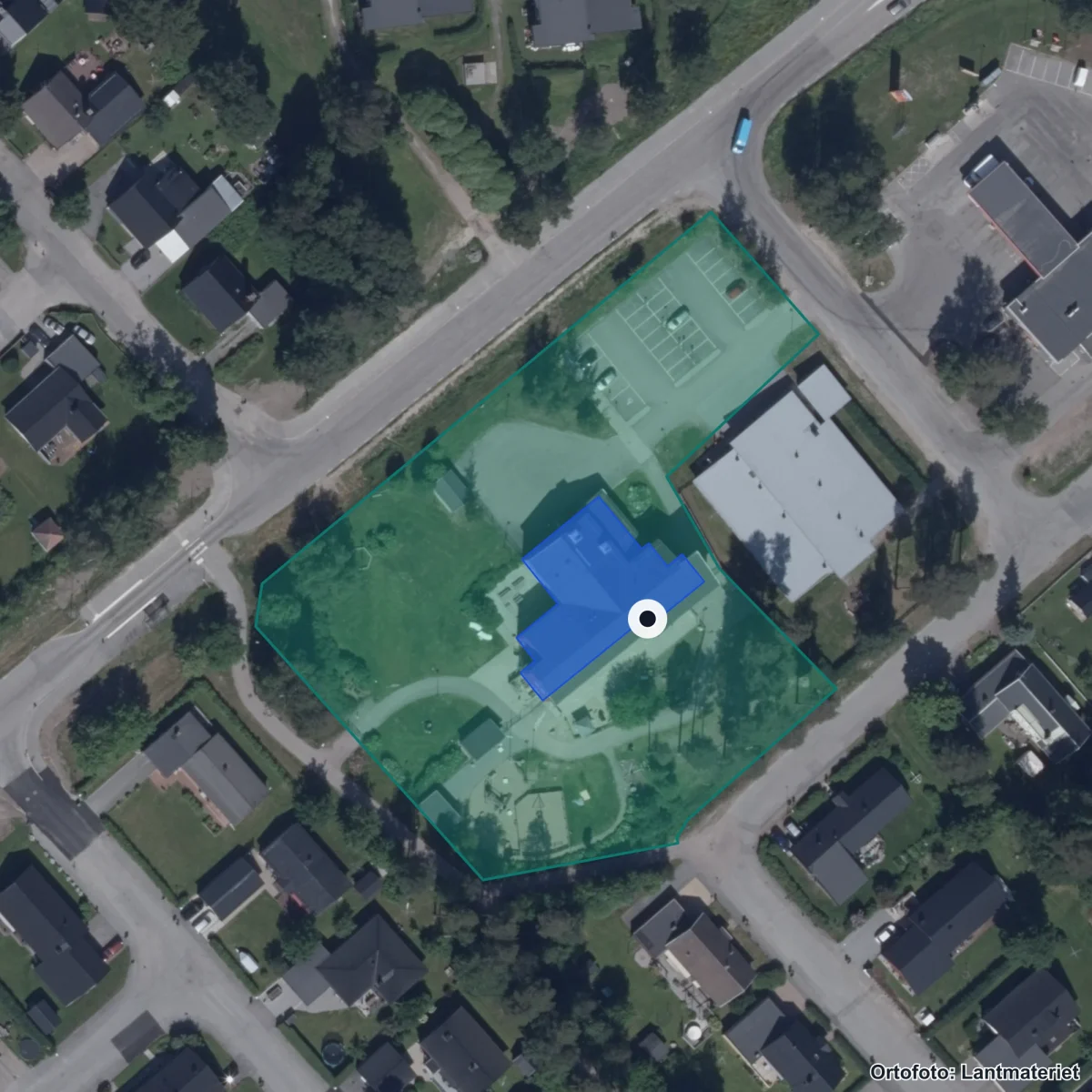 Flygbild över Storsands Förskola, ortofoto från Lantmäteriet