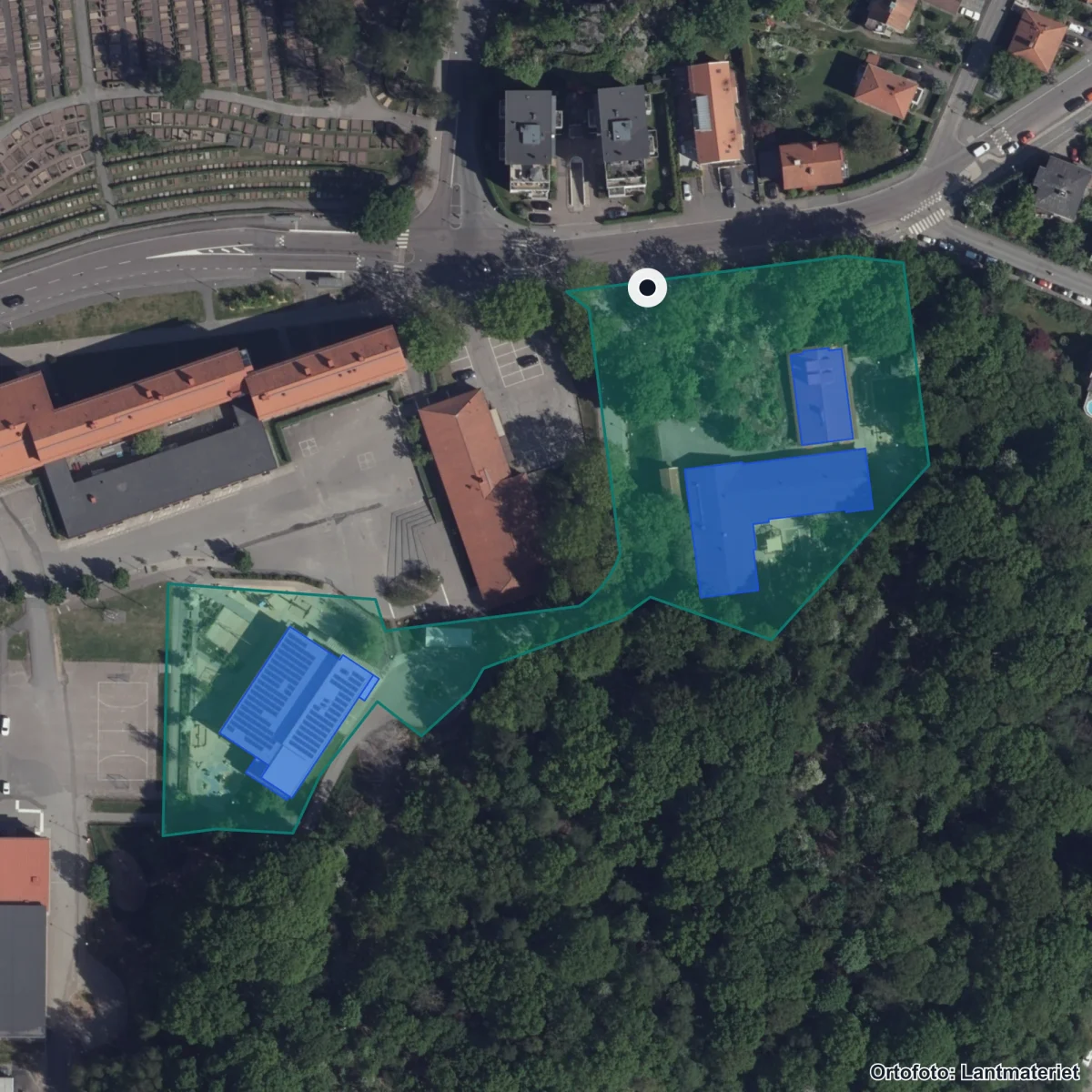 Flygbild över Kärralundsgatan 19 Förskola, ortofoto från Lantmäteriet