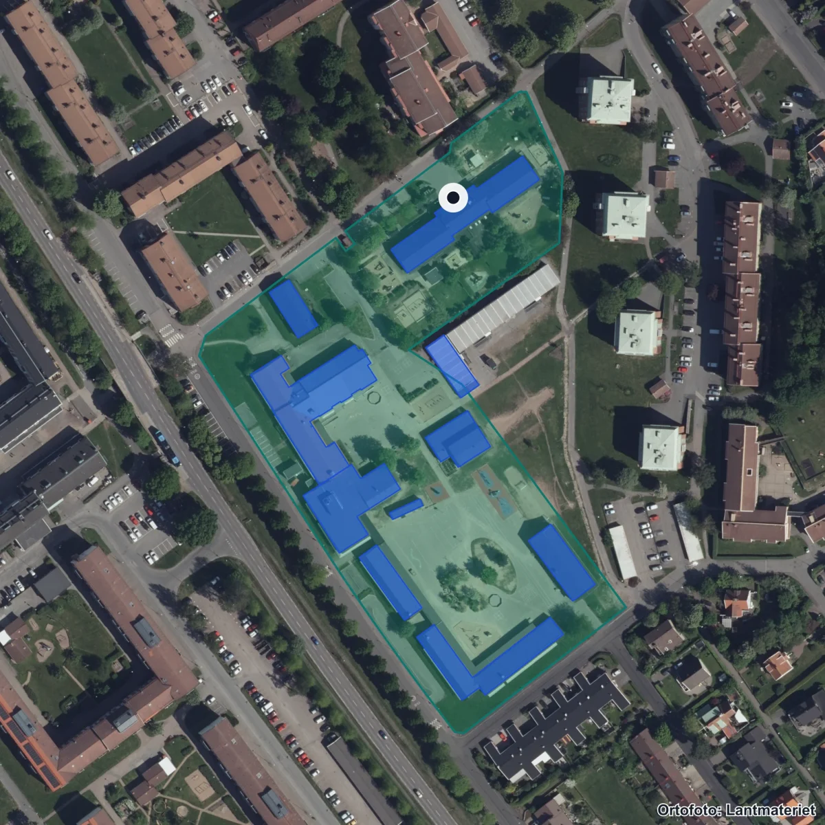Flygbild över Torallastigens Förskola, ortofoto från Lantmäteriet