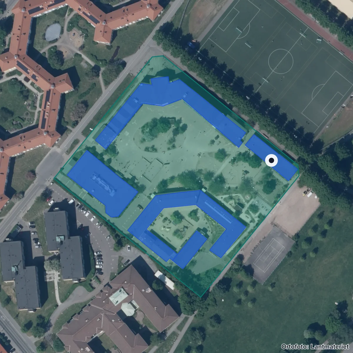 Flygbild över Mossängens Förskola, ortofoto från Lantmäteriet