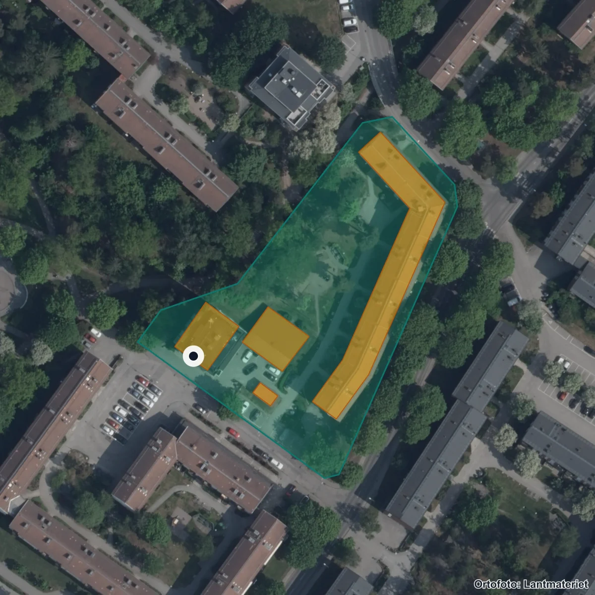 Flygbild över Förskolan Galilei, ortofoto från Lantmäteriet