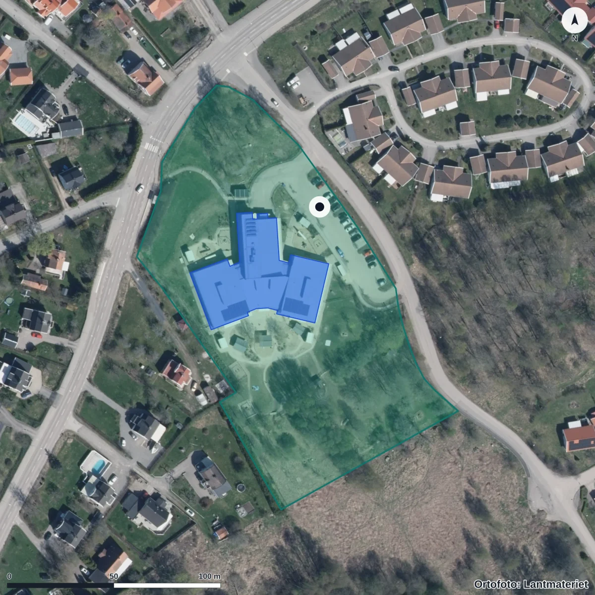 Flygbild över Berga Förskola, ortofoto från Lantmäteriet