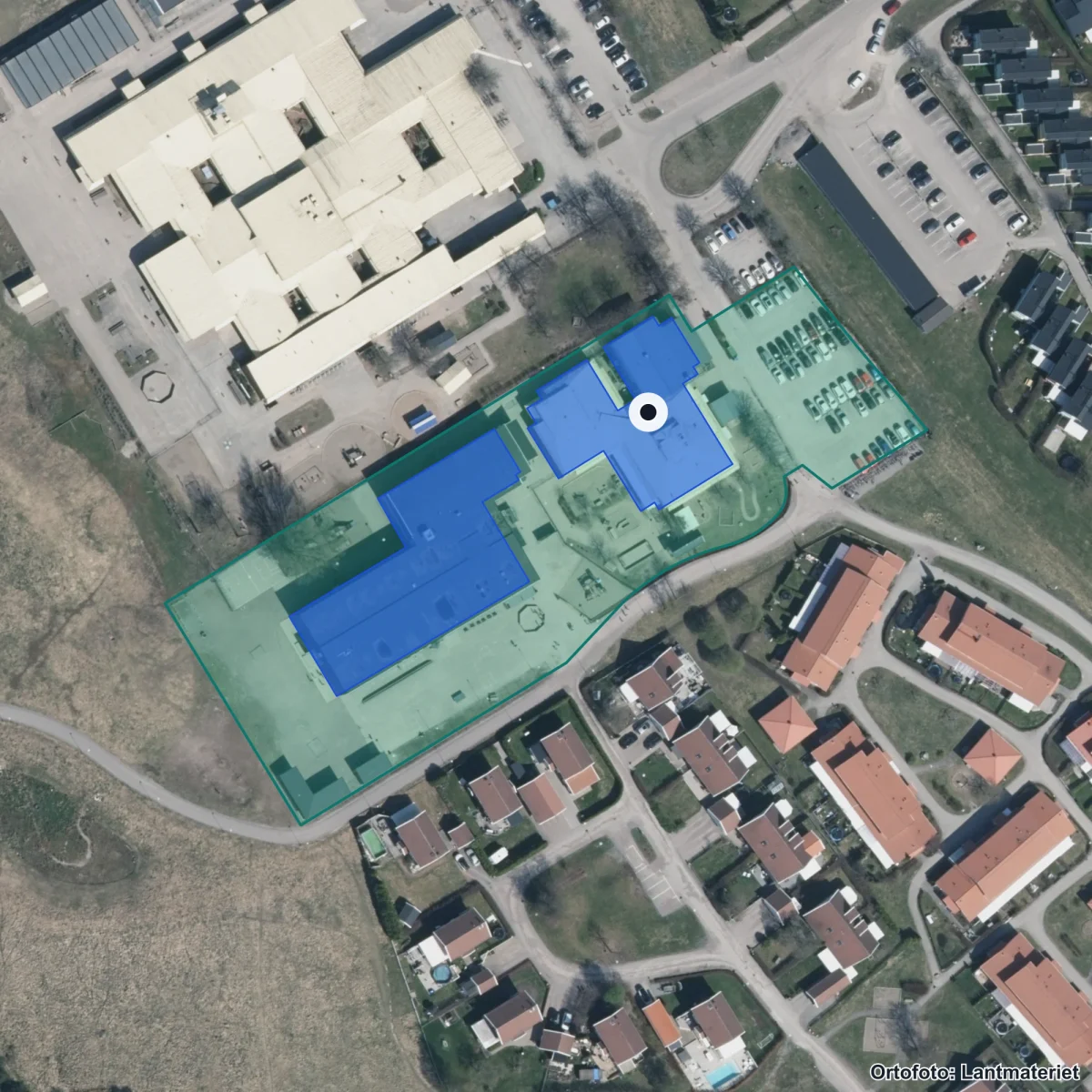 Flygbild över Skälbyskolans Förskola, ortofoto från Lantmäteriet