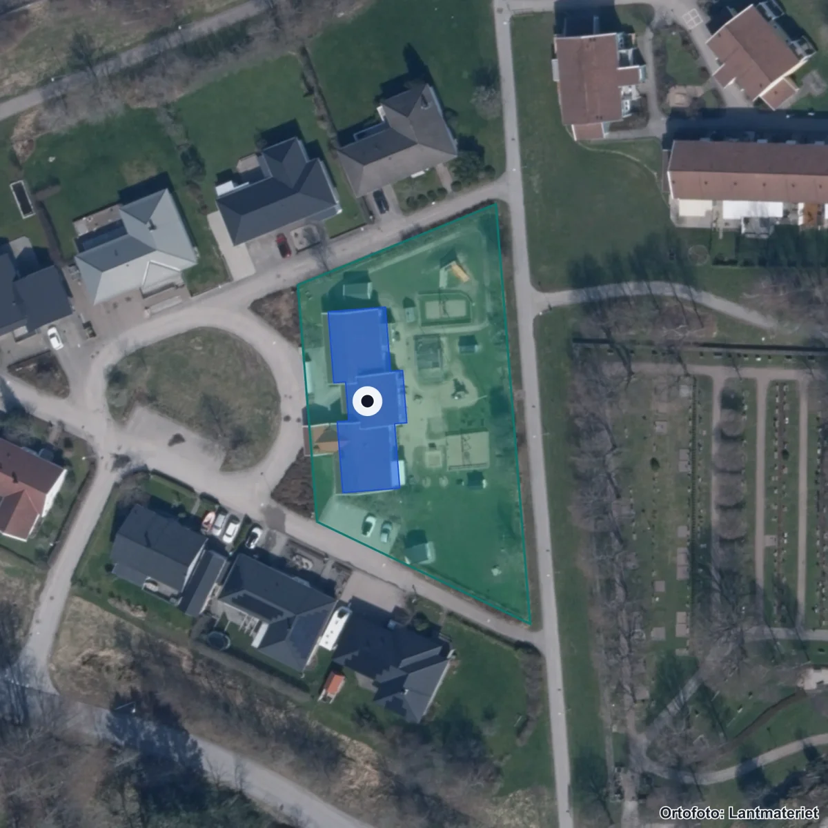 Flygbild över Norgårdens Förskola, ortofoto från Lantmäteriet