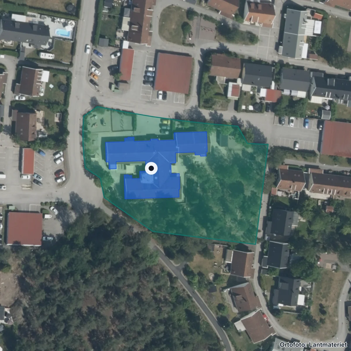 Flygbild över Sandtorps Förskola, ortofoto från Lantmäteriet