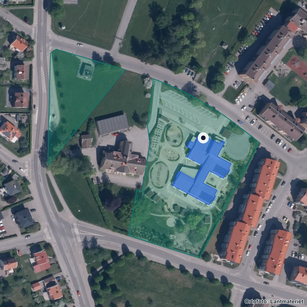 Flygbild över Belfragegatans Förskola, ortofoto från Lantmäteriet