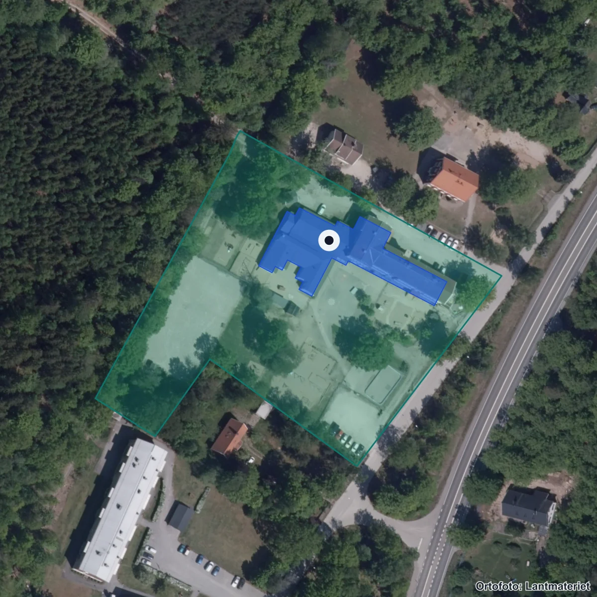 Flygbild över Fågelmara Förskola, ortofoto från Lantmäteriet