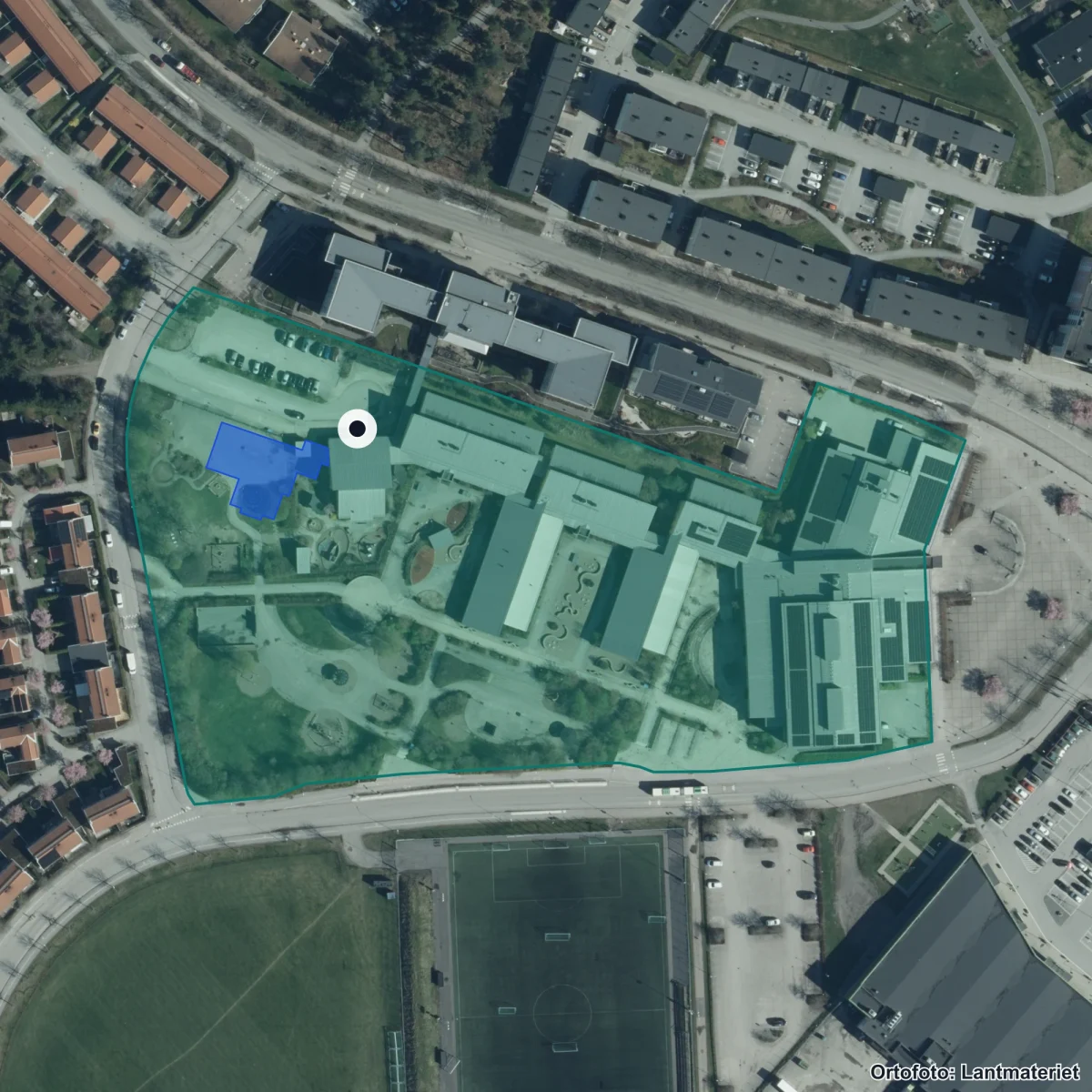 Flygbild över Västra Stenhagens Förskola, ortofoto från Lantmäteriet