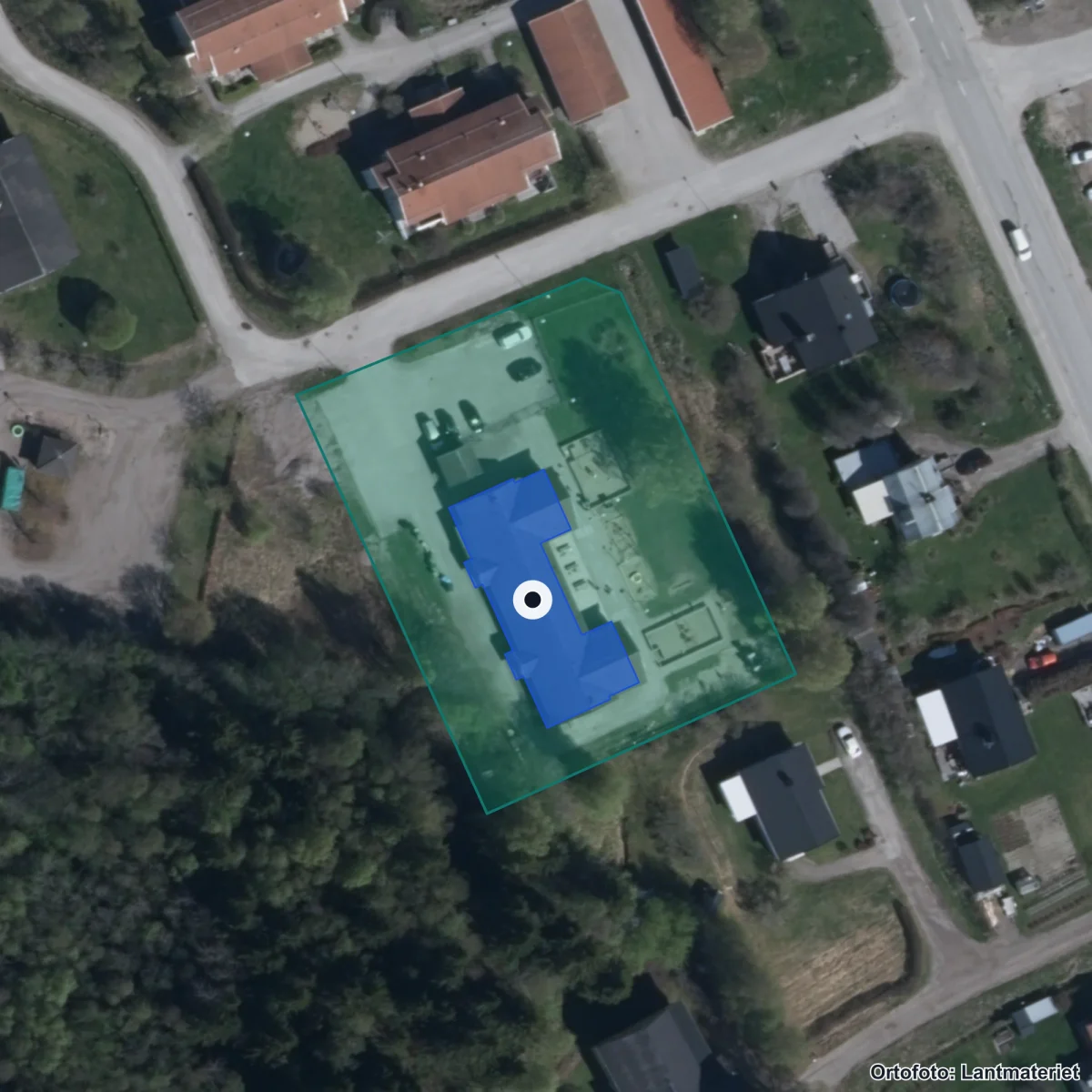 Flygbild över Stångå Förskola, ortofoto från Lantmäteriet