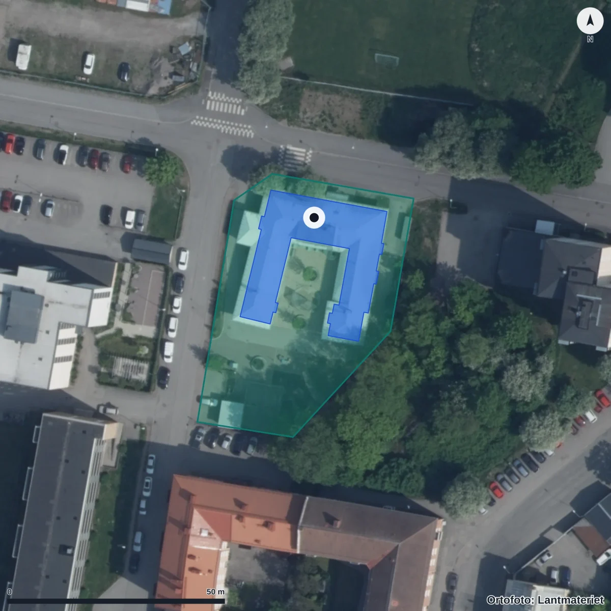 Flygbild över Högbergsgården, ortofoto från Lantmäteriet