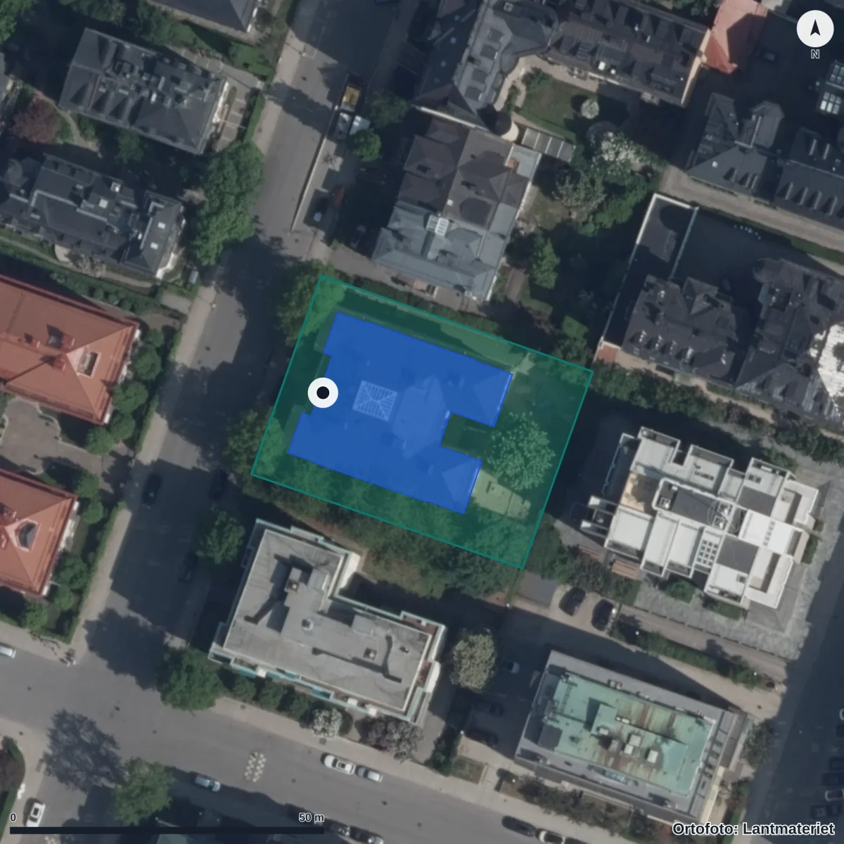 Flygbild över Förskolan Villagatan, ortofoto från Lantmäteriet