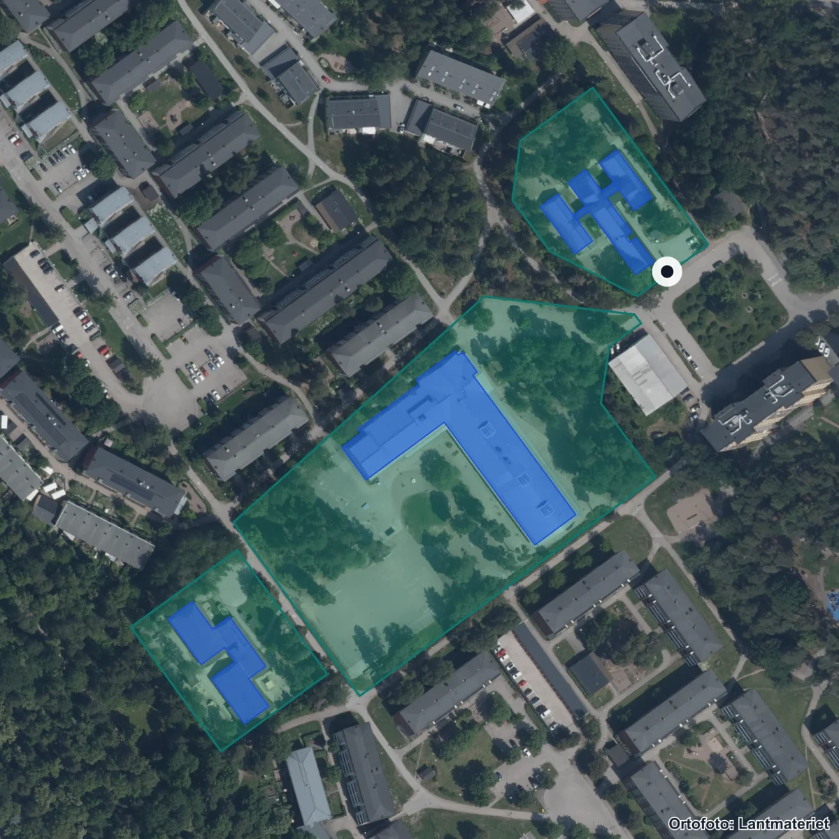 Flygbild över Berwalds Förskola, ortofoto från Lantmäteriet