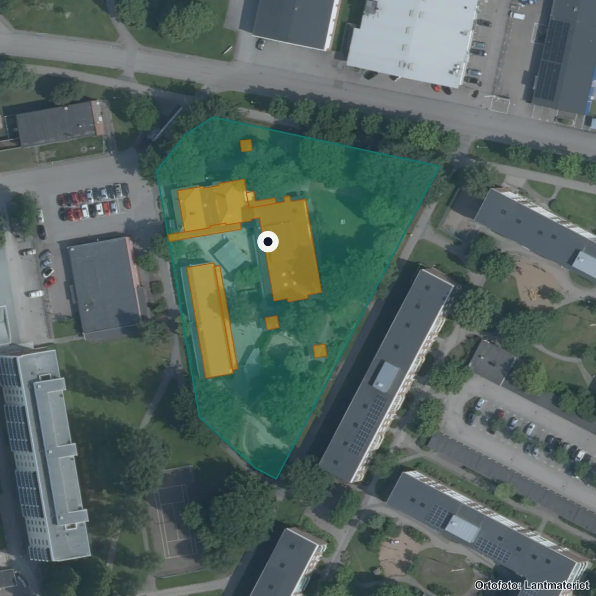 Flygbild över Österängs Förskola, ortofoto från Lantmäteriet