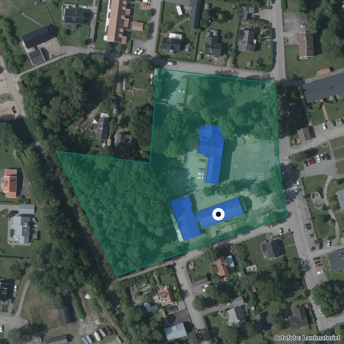 Flygbild över Sunnanängs Förskola, ortofoto från Lantmäteriet