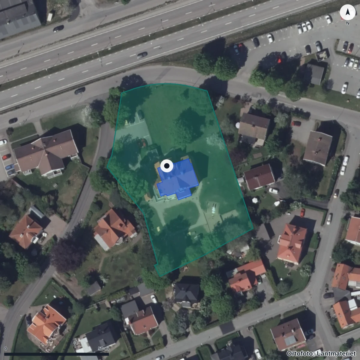 Flygbild över Åkershults Förskola, ortofoto från Lantmäteriet