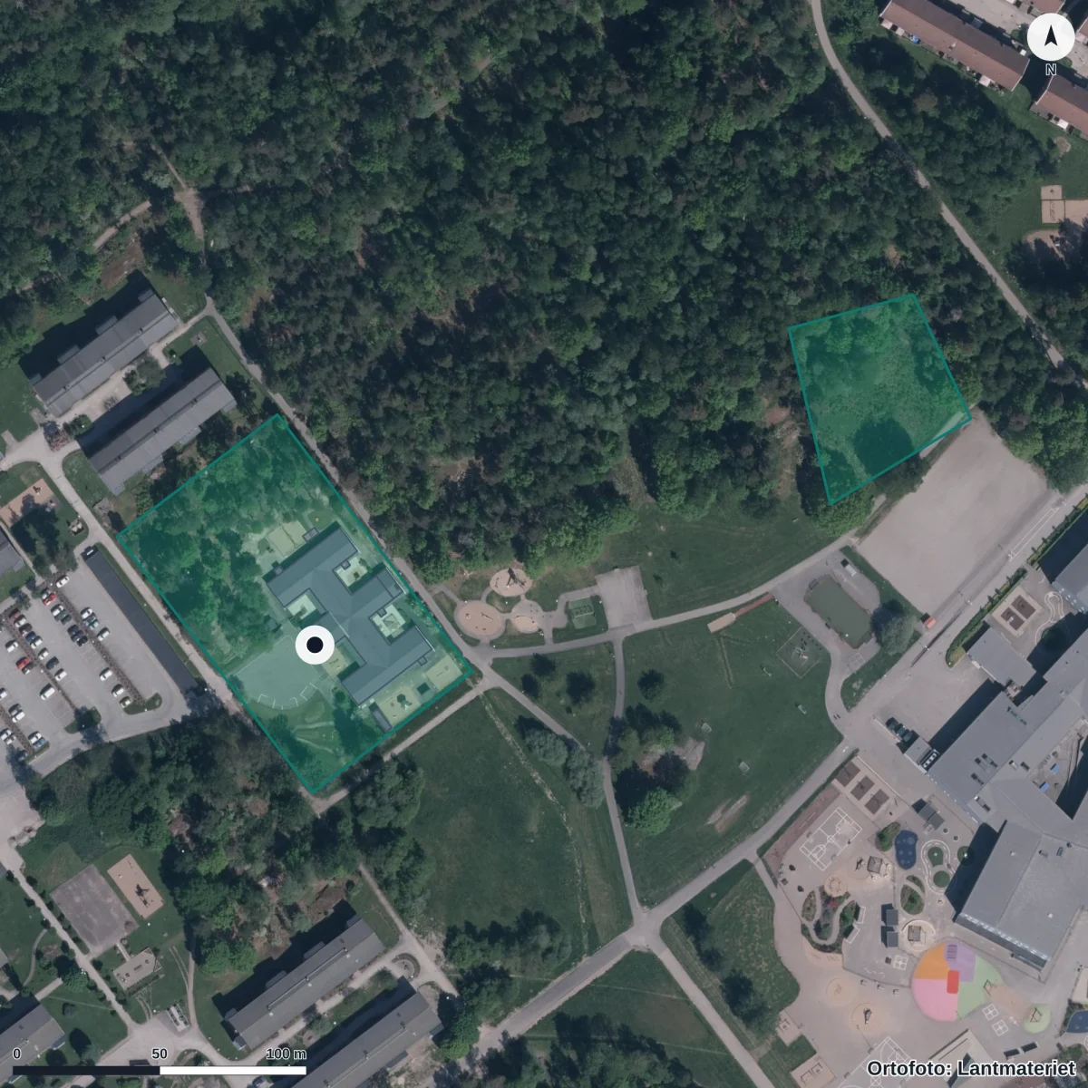 Flygbild över Myggans Förskola, ortofoto från Lantmäteriet