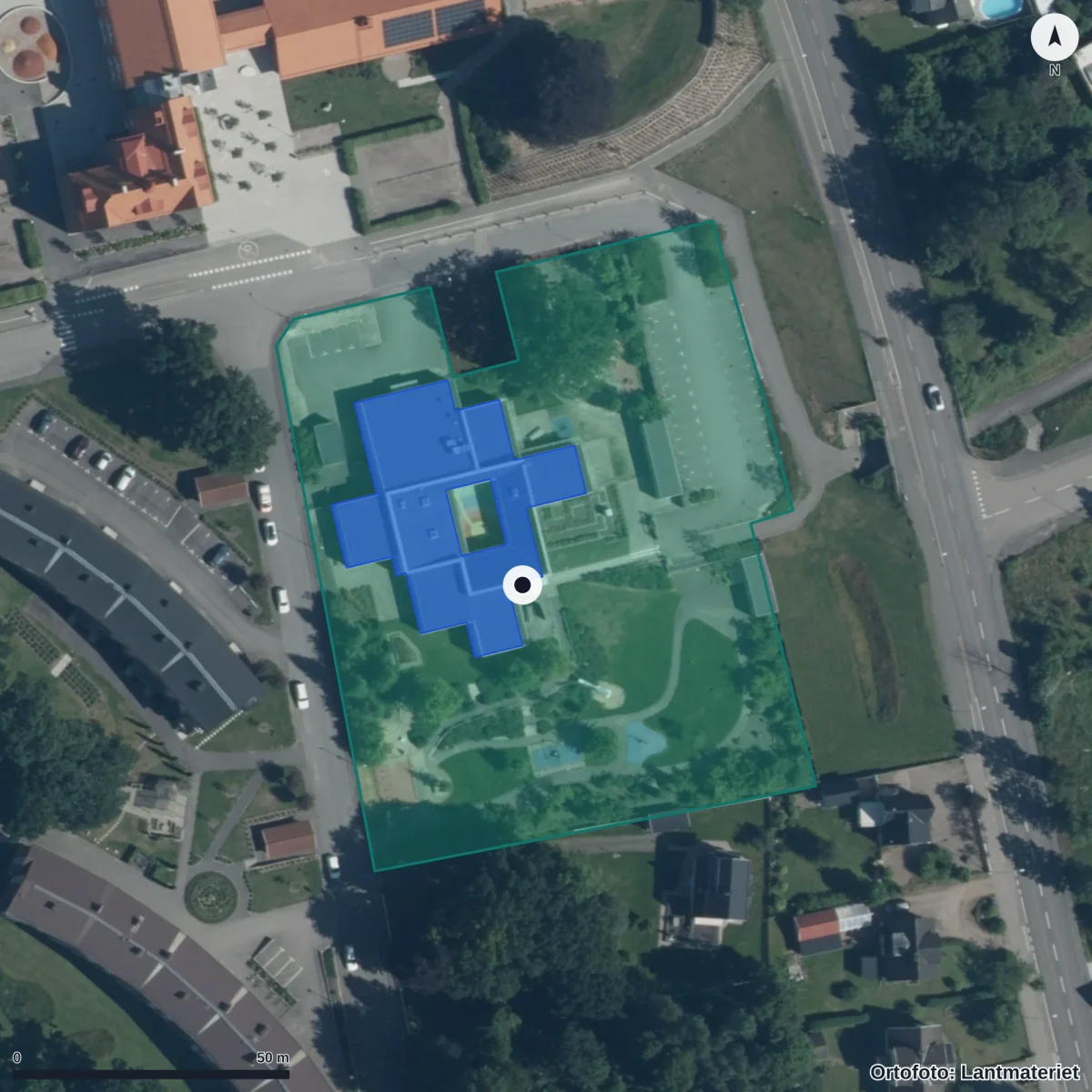 Flygbild över Haga Förskola, ortofoto från Lantmäteriet
