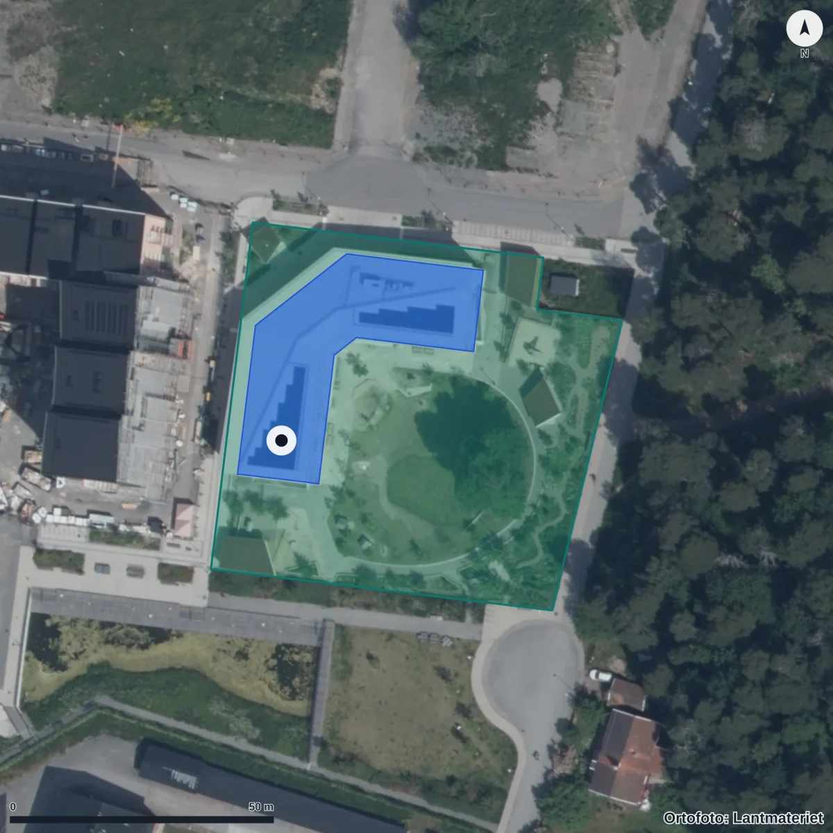 Flygbild över Rosendals Förskola, ortofoto från Lantmäteriet