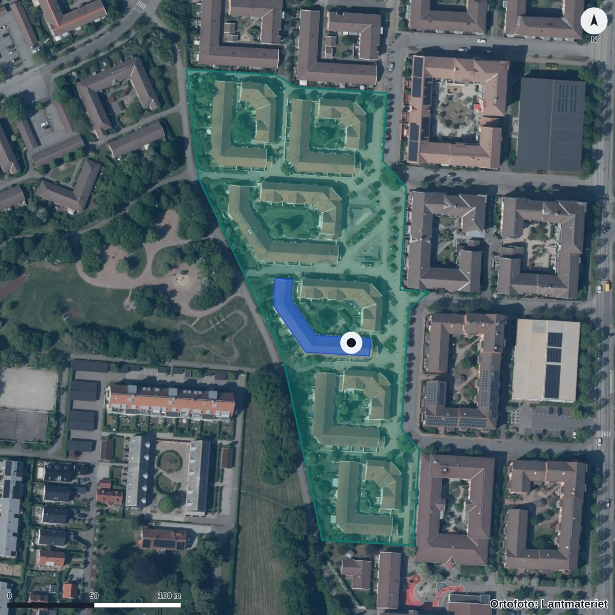 Flygbild över Morkullans Förskola, ortofoto från Lantmäteriet