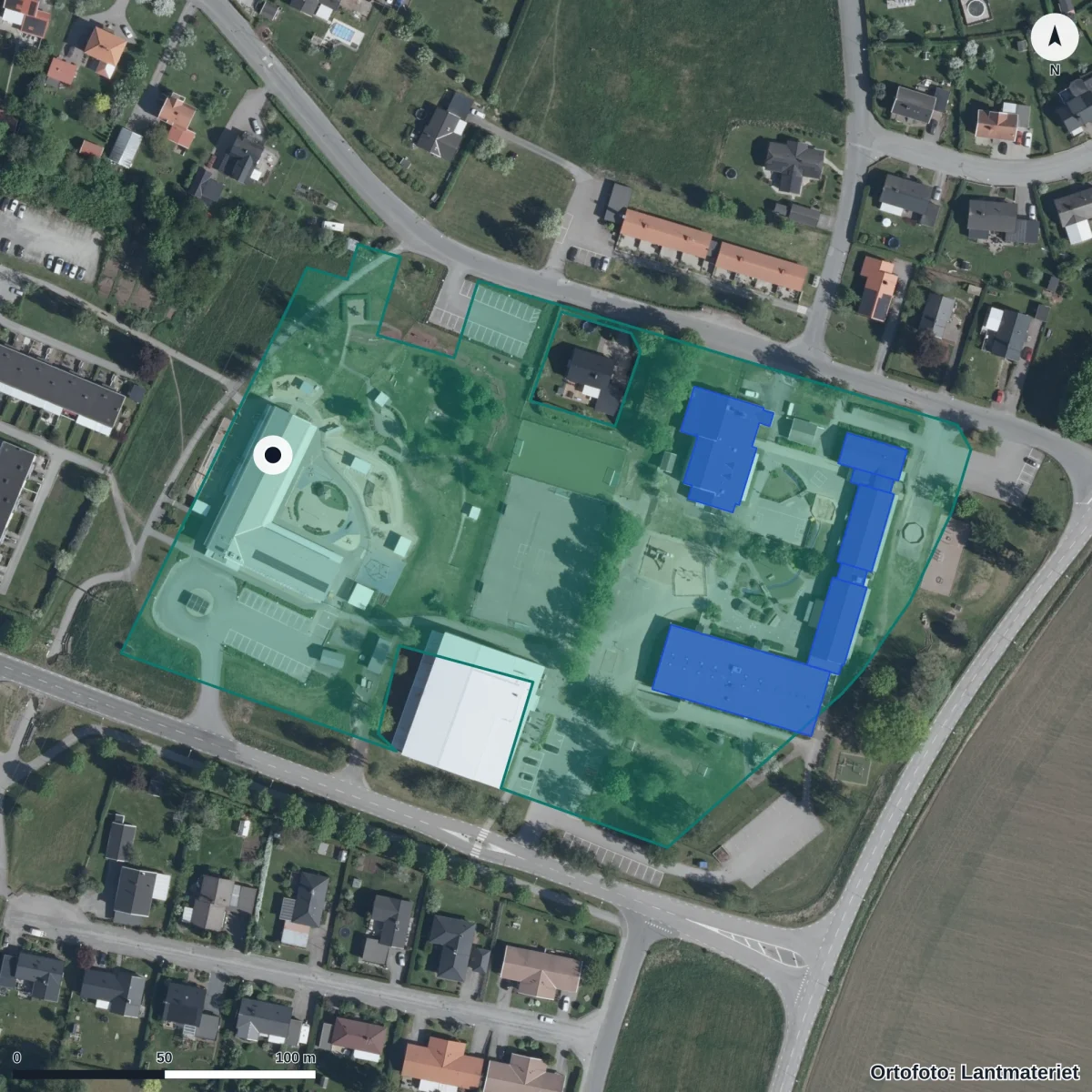 Flygbild över Källby Förskola, ortofoto från Lantmäteriet