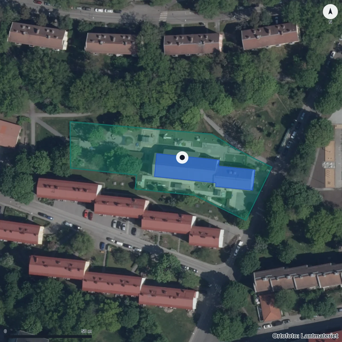 Flygbild över Förskolan Flyttfågeln, ortofoto från Lantmäteriet