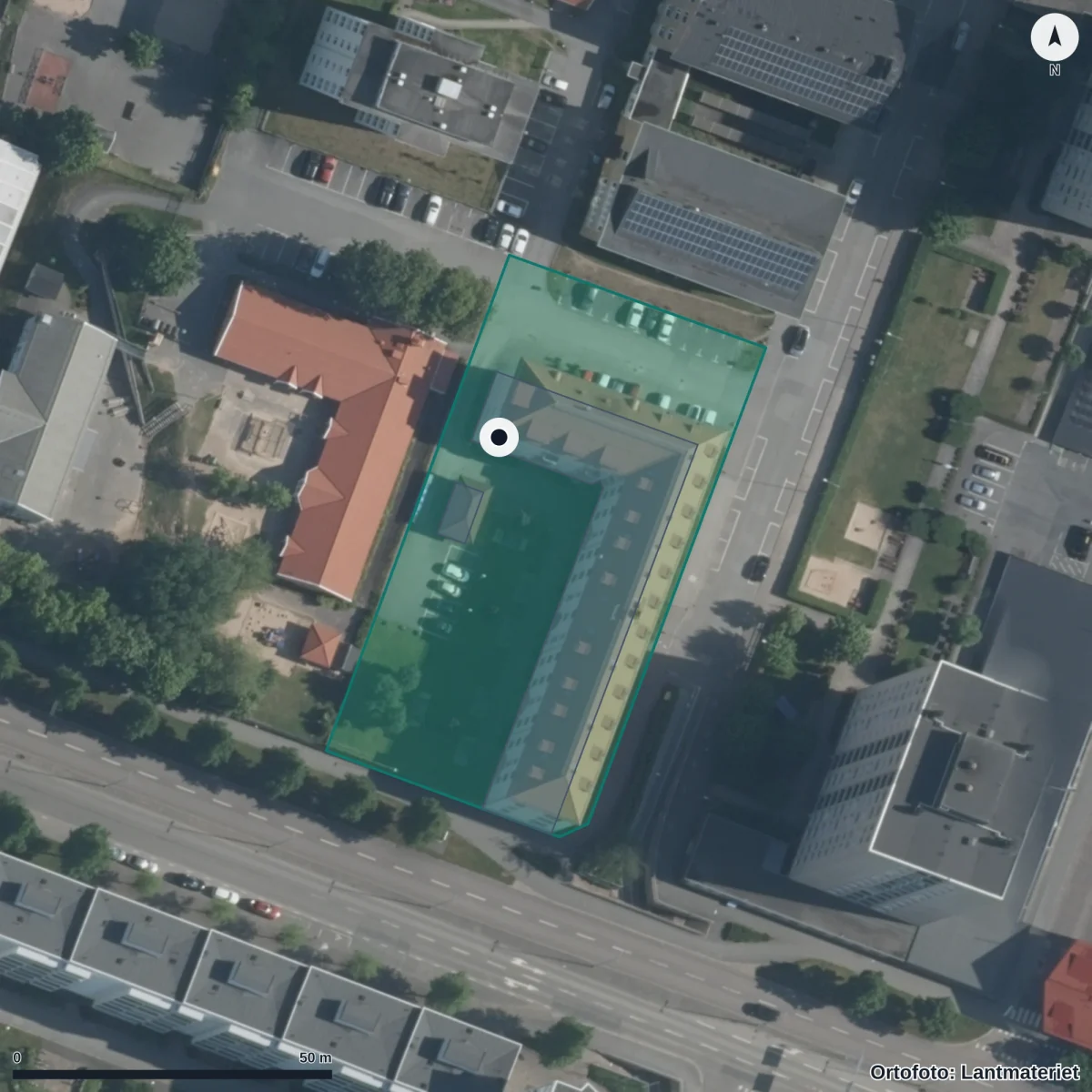Flygbild över Västra Förskolan, ortofoto från Lantmäteriet