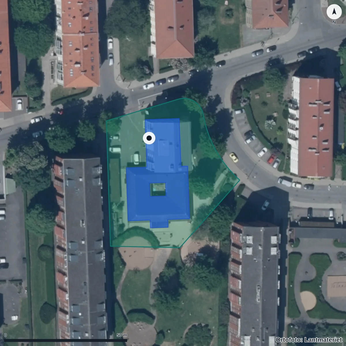 Flygbild över Dammfri Förskola, ortofoto från Lantmäteriet
